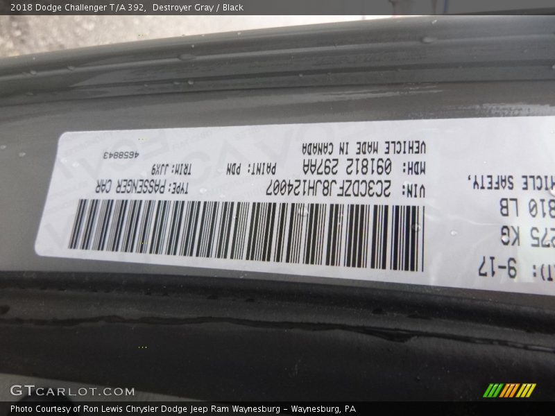 Destroyer Gray / Black 2018 Dodge Challenger T/A 392