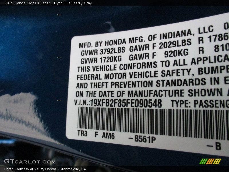 Dyno Blue Pearl / Gray 2015 Honda Civic EX Sedan
