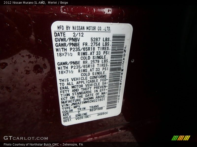 Merlot / Beige 2012 Nissan Murano SL AWD