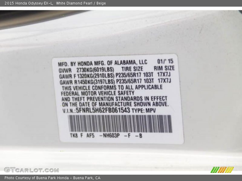 White Diamond Pearl / Beige 2015 Honda Odyssey EX-L