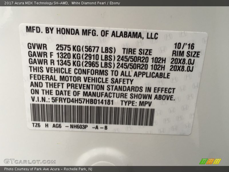 White Diamond Pearl / Ebony 2017 Acura MDX Technology SH-AWD