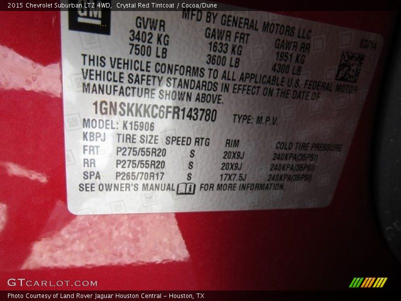 Crystal Red Tintcoat / Cocoa/Dune 2015 Chevrolet Suburban LTZ 4WD