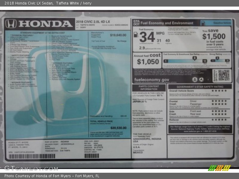 Taffeta White / Ivory 2018 Honda Civic LX Sedan