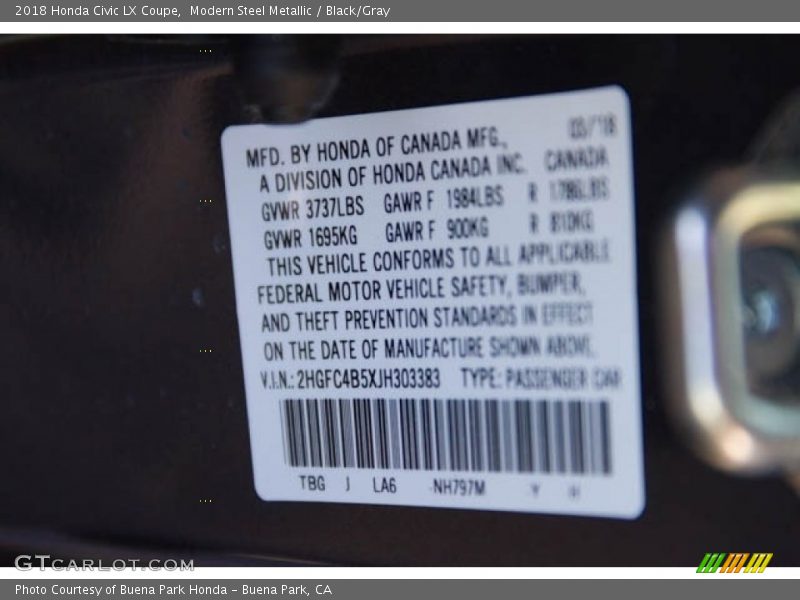 Modern Steel Metallic / Black/Gray 2018 Honda Civic LX Coupe