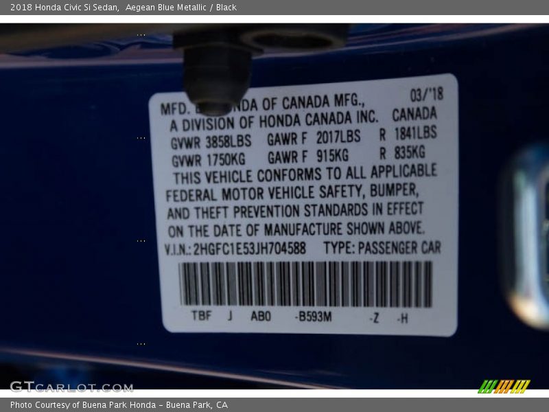 Aegean Blue Metallic / Black 2018 Honda Civic Si Sedan