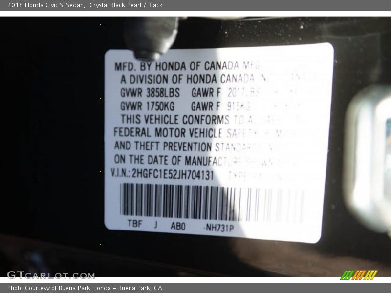 Crystal Black Pearl / Black 2018 Honda Civic Si Sedan