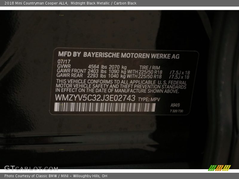 2018 Countryman Cooper ALL4 Midnight Black Metallic Color Code A94