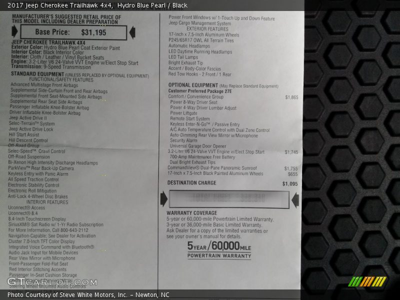 Hydro Blue Pearl / Black 2017 Jeep Cherokee Trailhawk 4x4
