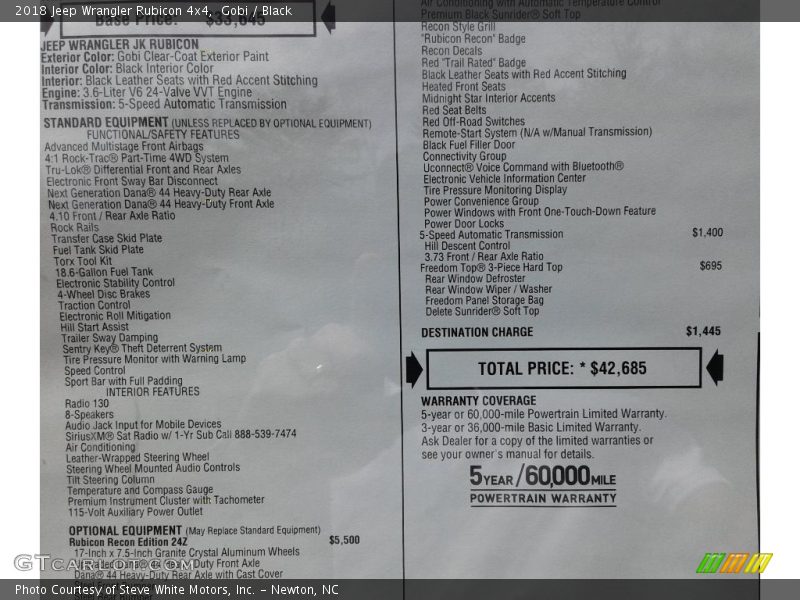  2018 Wrangler Rubicon 4x4 Window Sticker