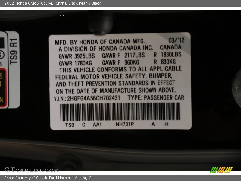 Crystal Black Pearl / Black 2012 Honda Civic Si Coupe