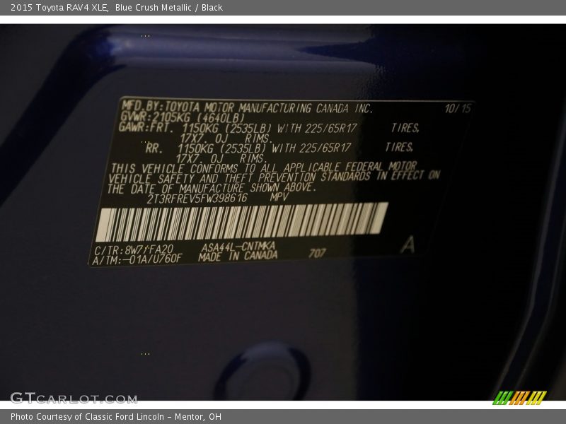 Blue Crush Metallic / Black 2015 Toyota RAV4 XLE