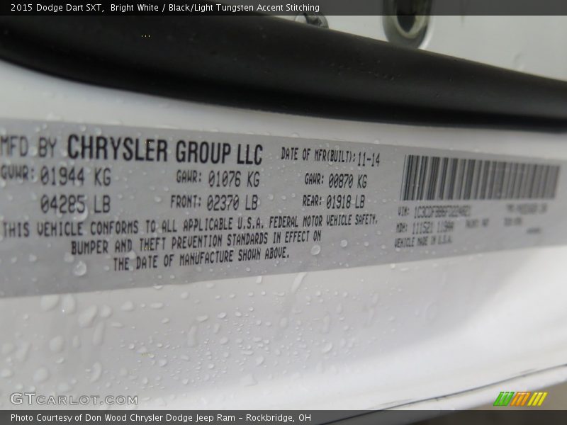Bright White / Black/Light Tungsten Accent Stitching 2015 Dodge Dart SXT