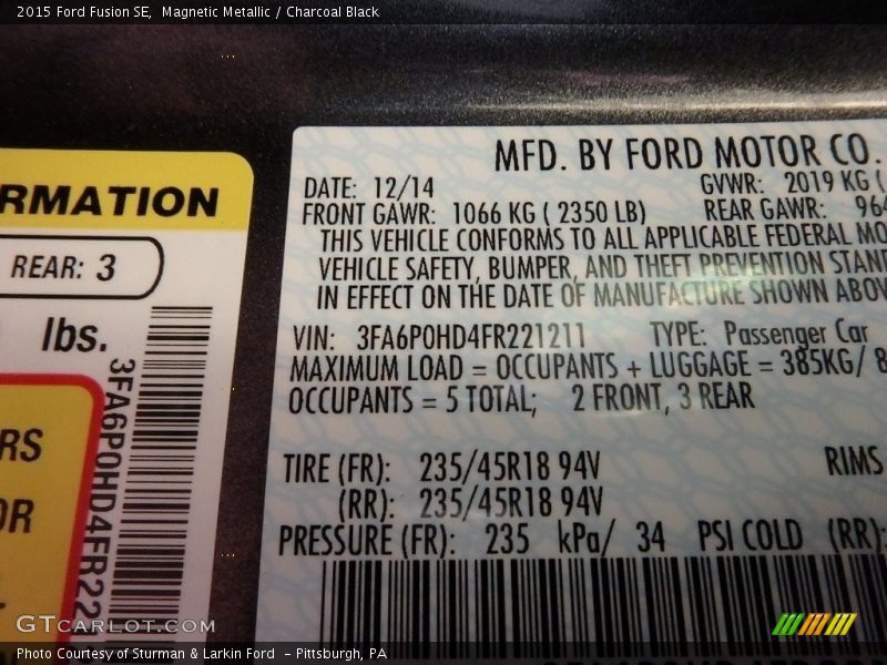 Magnetic Metallic / Charcoal Black 2015 Ford Fusion SE