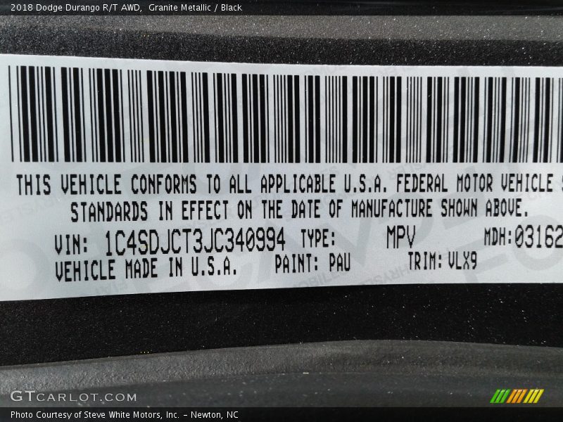 Granite Metallic / Black 2018 Dodge Durango R/T AWD