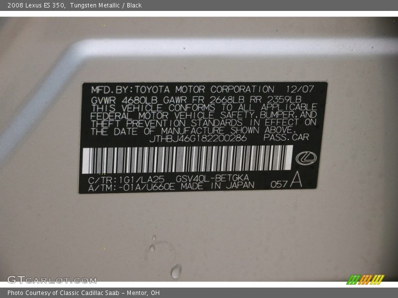 Tungsten Metallic / Black 2008 Lexus ES 350