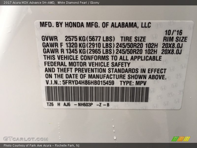 White Diamond Pearl / Ebony 2017 Acura MDX Advance SH-AWD