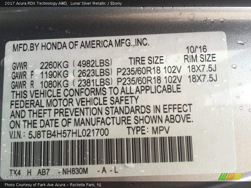 Lunar Silver Metallic / Ebony 2017 Acura RDX Technology AWD