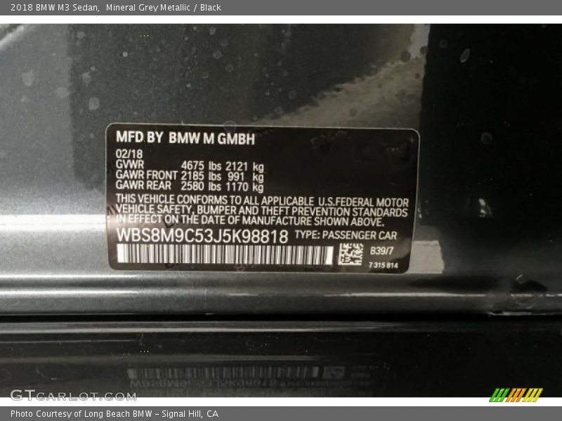 Mineral Grey Metallic / Black 2018 BMW M3 Sedan