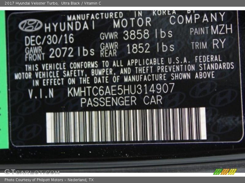 2017 Veloster Turbo Ultra Black Color Code MZH