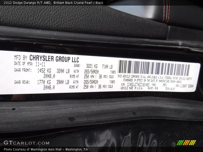 Brilliant Black Crystal Pearl / Black 2012 Dodge Durango R/T AWD