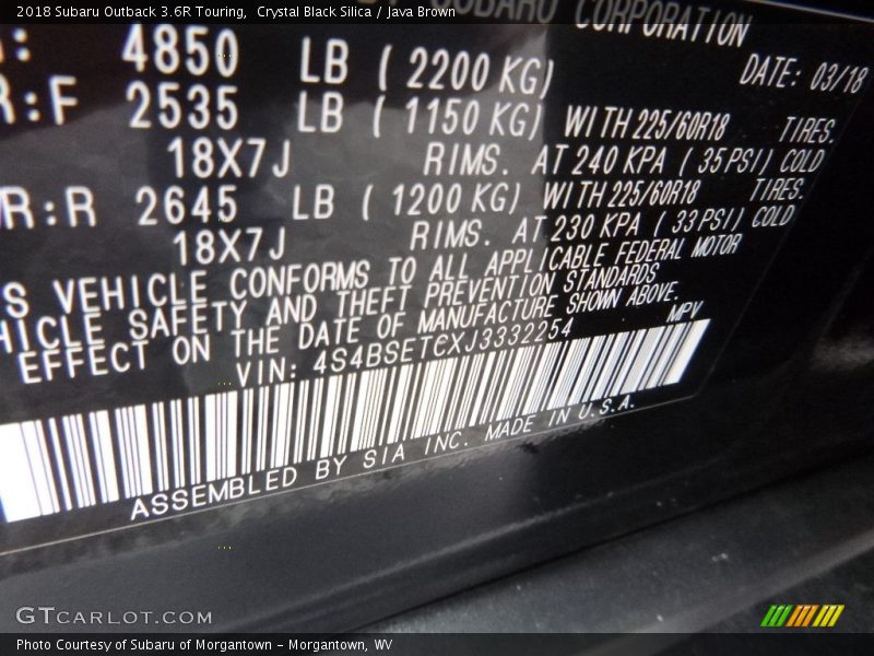 Crystal Black Silica / Java Brown 2018 Subaru Outback 3.6R Touring