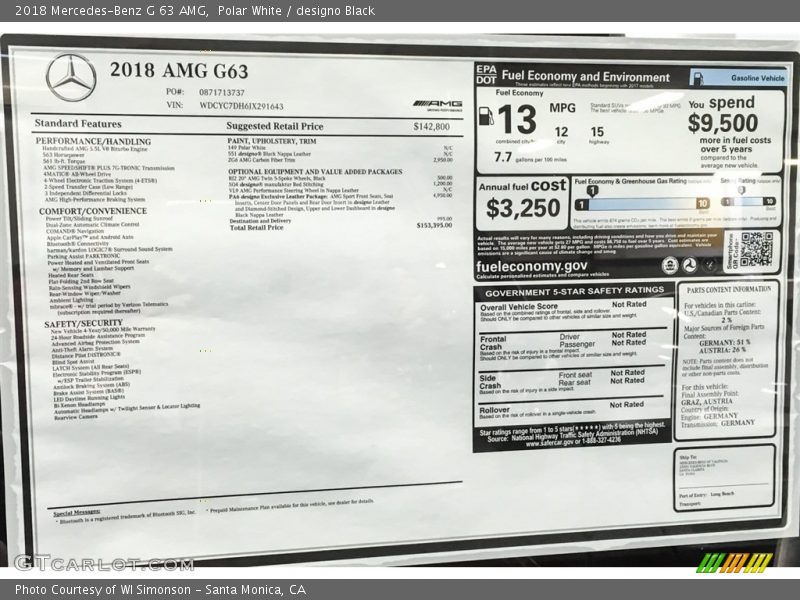  2018 G 63 AMG Window Sticker