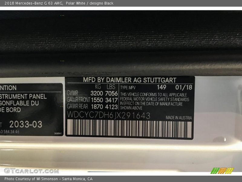 2018 G 63 AMG Polar White Color Code 149