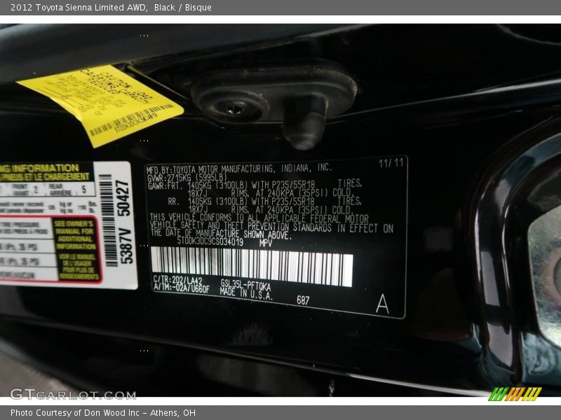 Black / Bisque 2012 Toyota Sienna Limited AWD