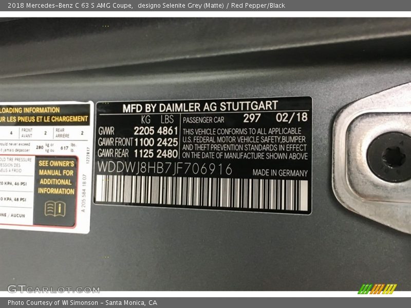 2018 C 63 S AMG Coupe designo Selenite Grey (Matte) Color Code 297