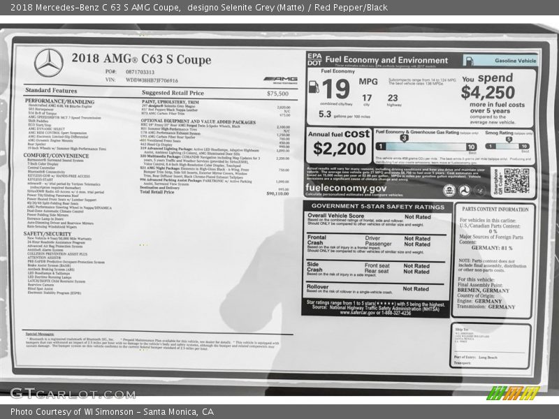  2018 C 63 S AMG Coupe Window Sticker
