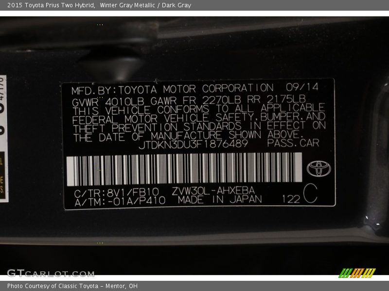 Winter Gray Metallic / Dark Gray 2015 Toyota Prius Two Hybrid