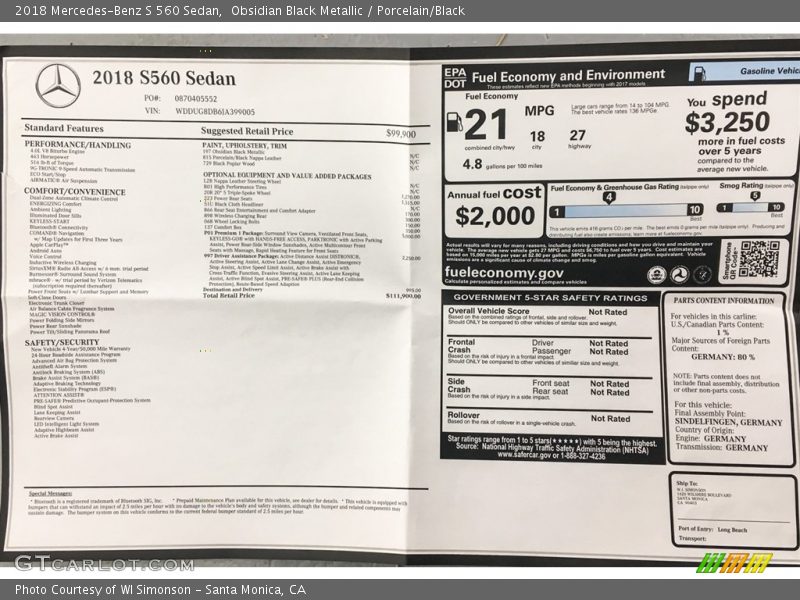 Obsidian Black Metallic / Porcelain/Black 2018 Mercedes-Benz S 560 Sedan