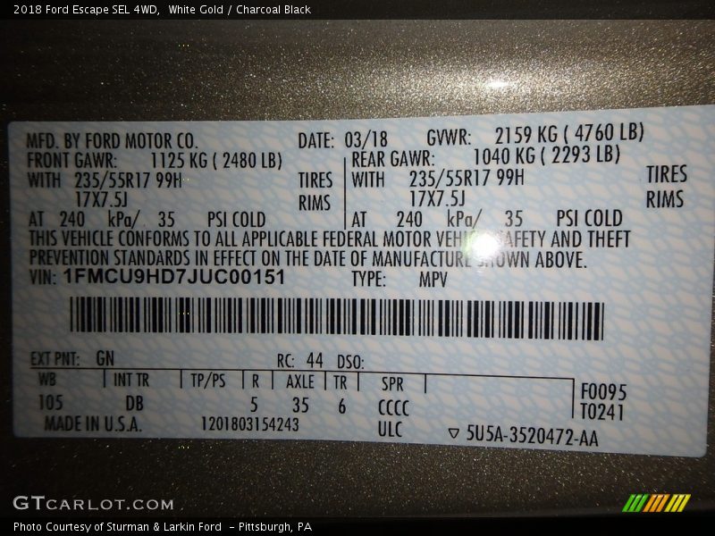 White Gold / Charcoal Black 2018 Ford Escape SEL 4WD