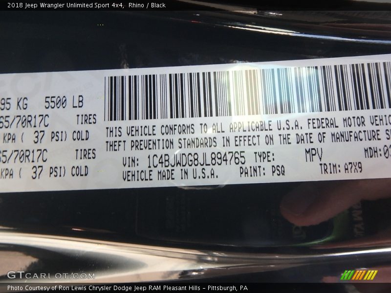 Rhino / Black 2018 Jeep Wrangler Unlimited Sport 4x4
