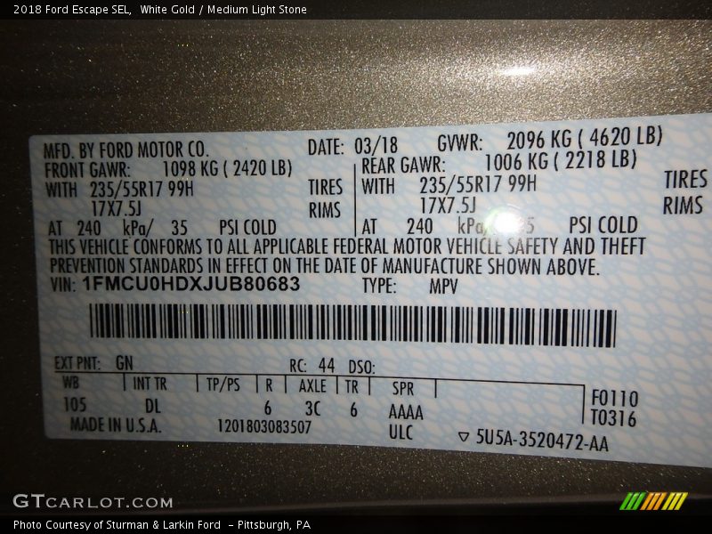 White Gold / Medium Light Stone 2018 Ford Escape SEL