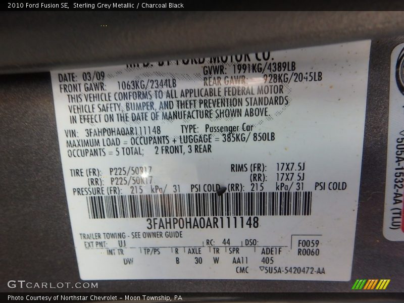 Sterling Grey Metallic / Charcoal Black 2010 Ford Fusion SE