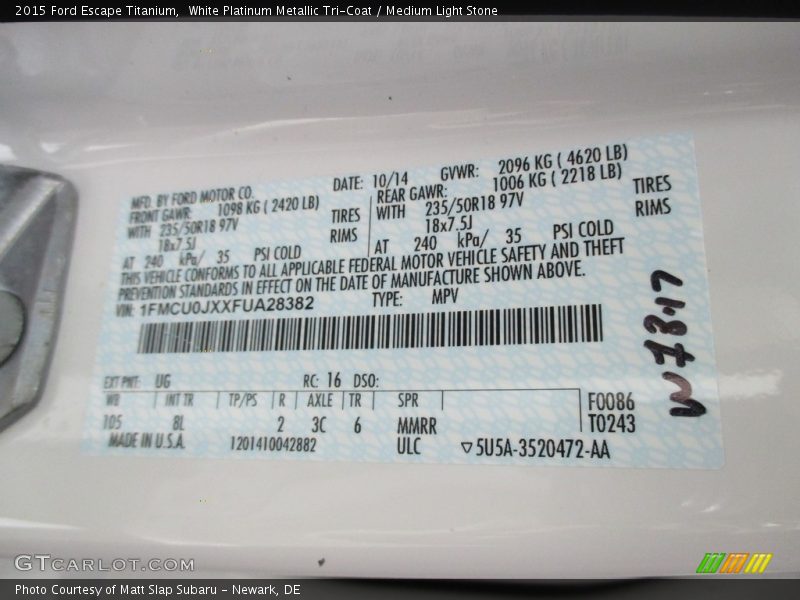 White Platinum Metallic Tri-Coat / Medium Light Stone 2015 Ford Escape Titanium