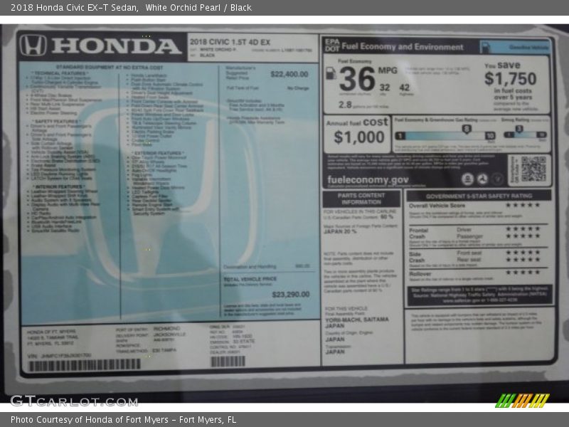 White Orchid Pearl / Black 2018 Honda Civic EX-T Sedan
