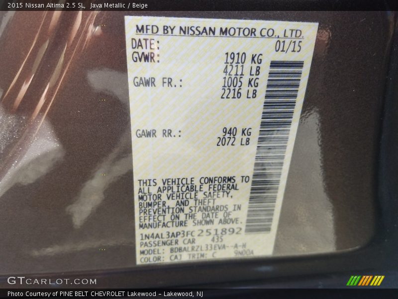 Java Metallic / Beige 2015 Nissan Altima 2.5 SL