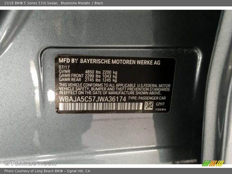 Bluestone Metallic / Black 2018 BMW 5 Series 530i Sedan