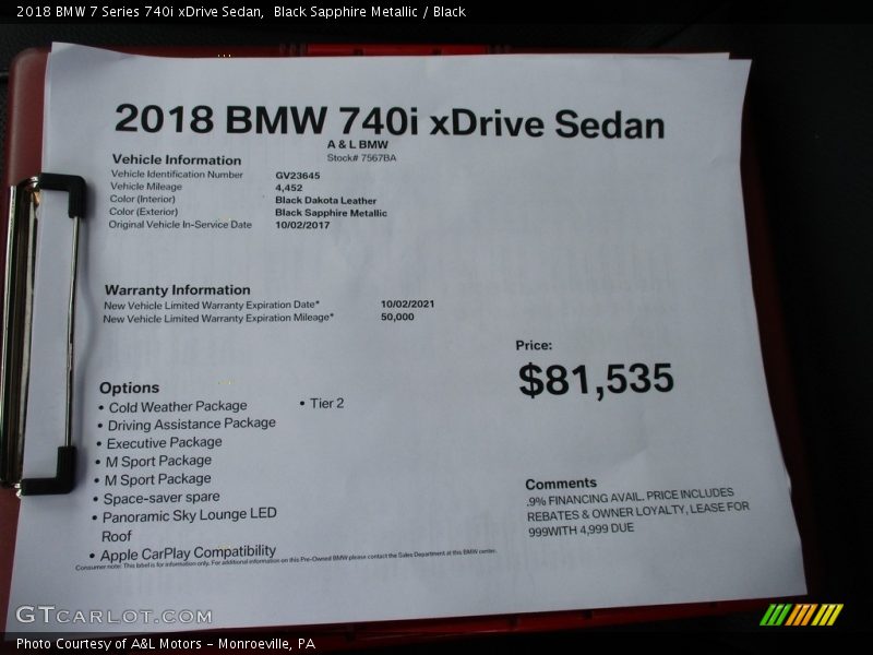 Black Sapphire Metallic / Black 2018 BMW 7 Series 740i xDrive Sedan