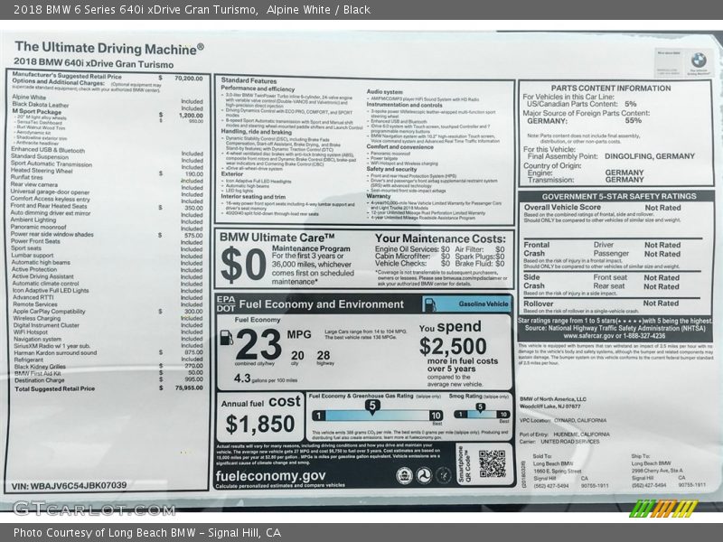 Alpine White / Black 2018 BMW 6 Series 640i xDrive Gran Turismo