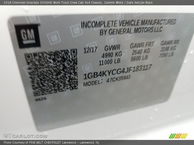 Summit White / Dark Ash/Jet Black 2018 Chevrolet Silverado 3500HD Work Truck Crew Cab 4x4 Chassis