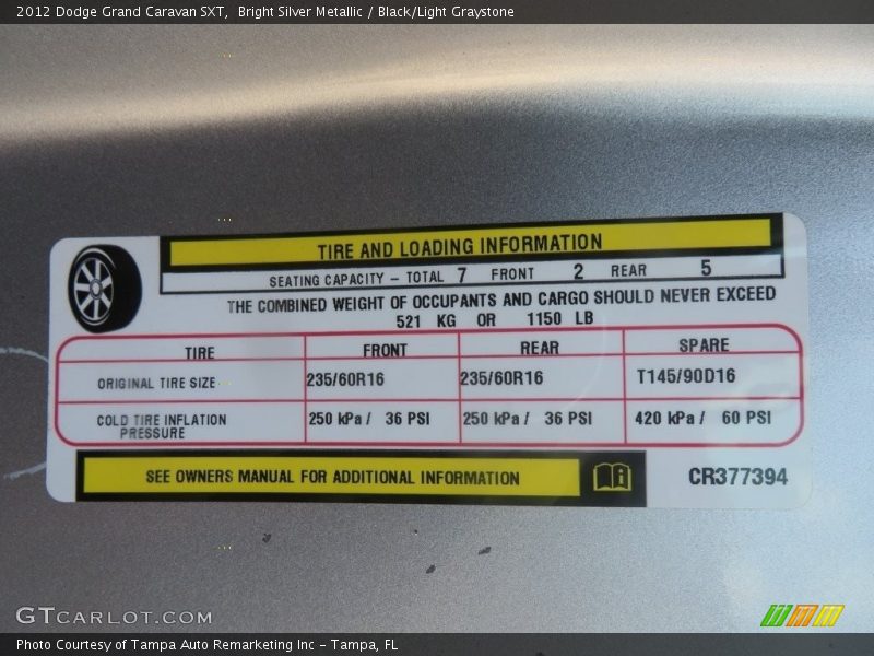 Bright Silver Metallic / Black/Light Graystone 2012 Dodge Grand Caravan SXT