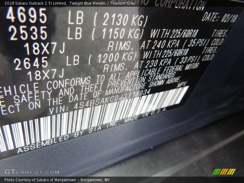 Twilight Blue Metallic / Titanium Gray 2018 Subaru Outback 2.5i Limited