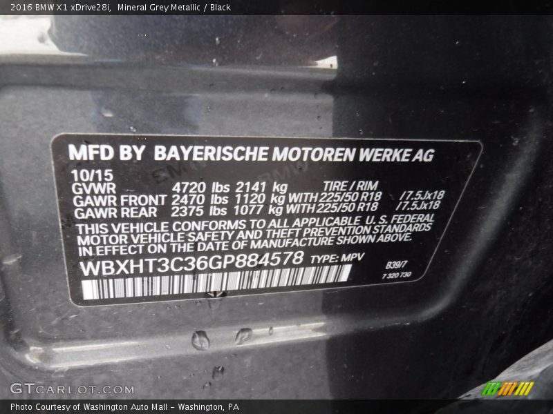 Mineral Grey Metallic / Black 2016 BMW X1 xDrive28i