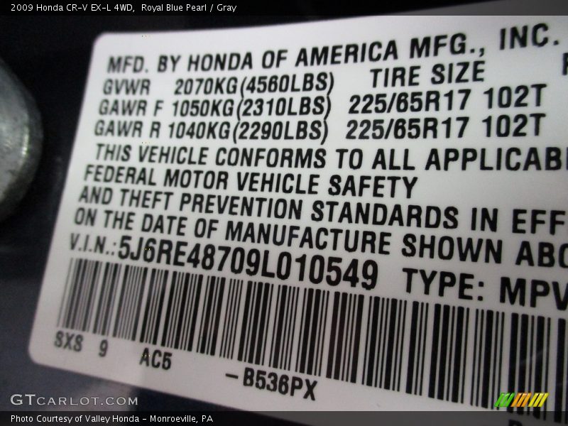 Royal Blue Pearl / Gray 2009 Honda CR-V EX-L 4WD