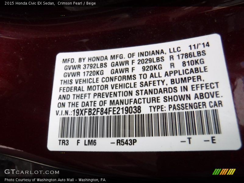 Crimson Pearl / Beige 2015 Honda Civic EX Sedan