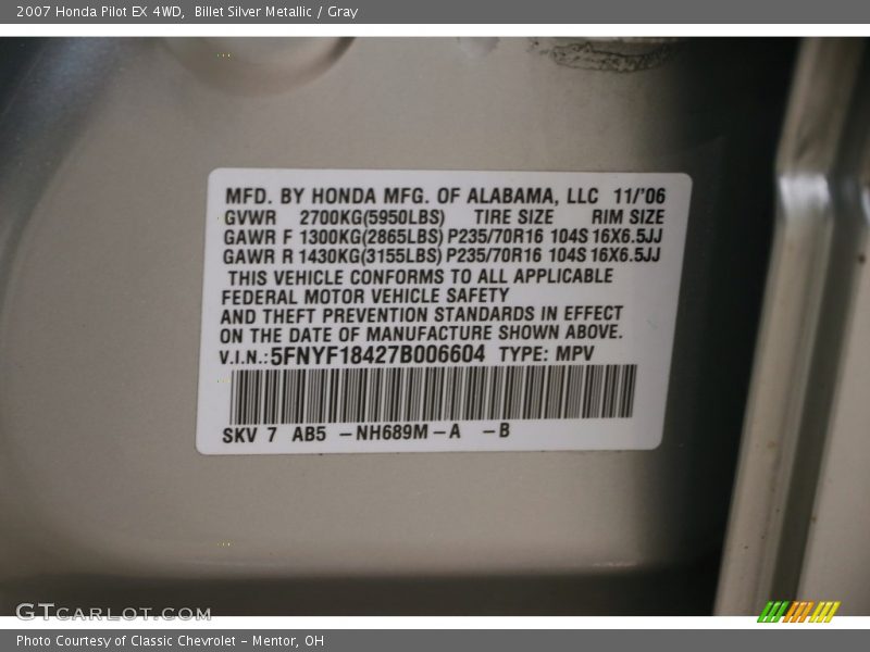 Billet Silver Metallic / Gray 2007 Honda Pilot EX 4WD