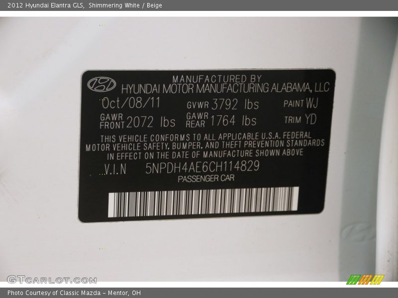 Shimmering White / Beige 2012 Hyundai Elantra GLS